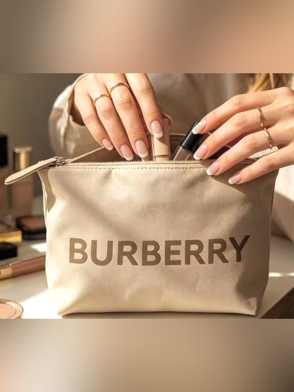Burberry Tan Cosmetic Pouch with BURBERRY Block Logo, GWP, Unisex